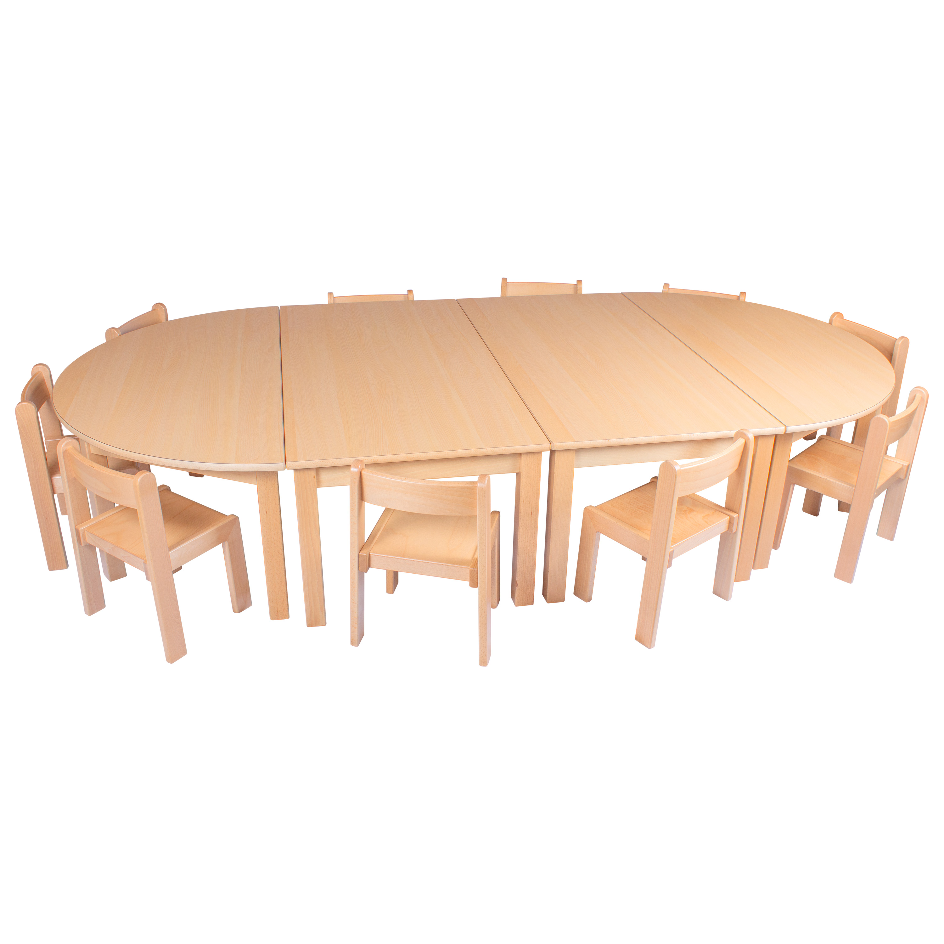 Tischgruppe mit 10 Stühlen, 2 Rechteck- & 2 Halbrundtischen