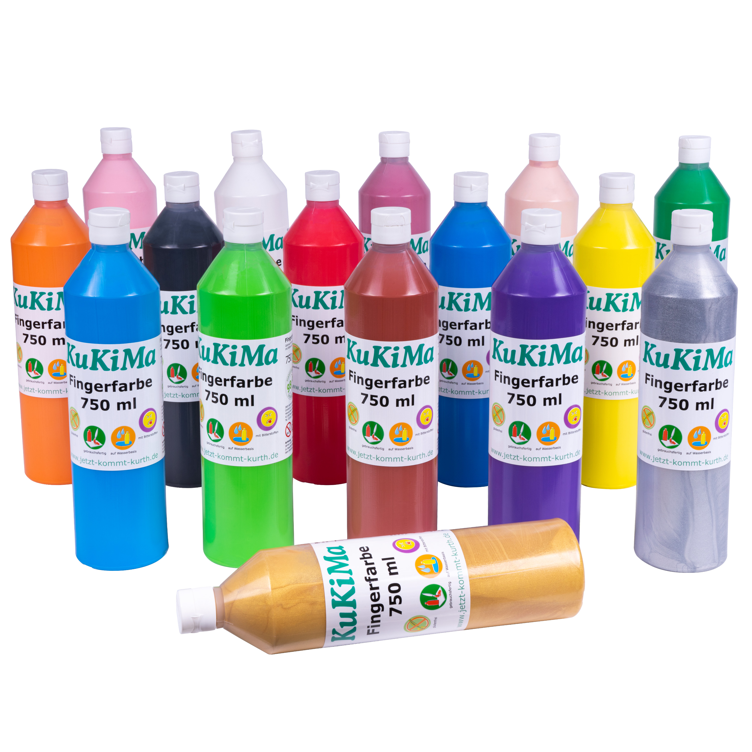 KuKiMa Fingerfarbe 16 Farben Komplett-Set, je 750 ml
