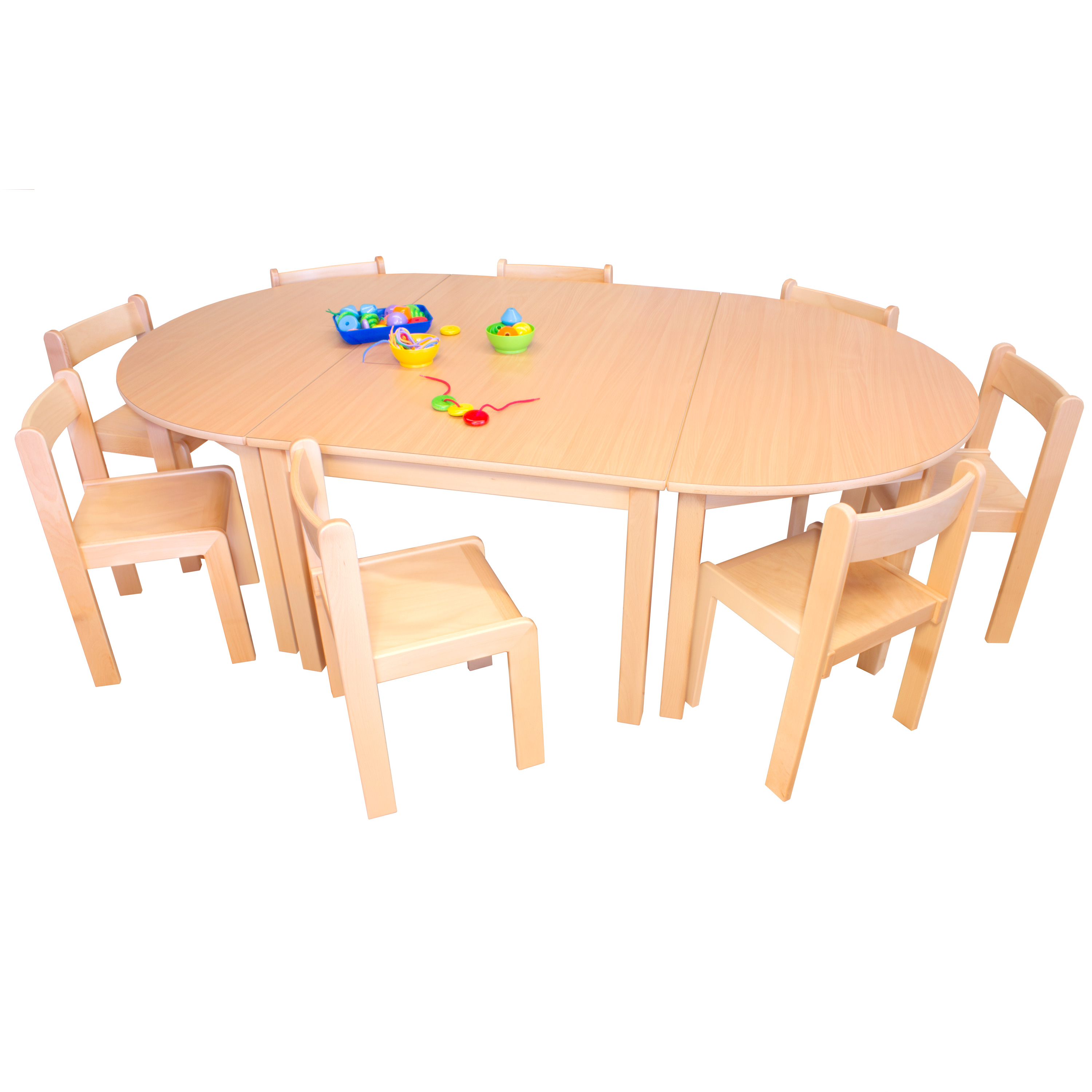 3er-Tischgruppe 1 Rechteck- & 2 Halbrundtische, 8 Stühle