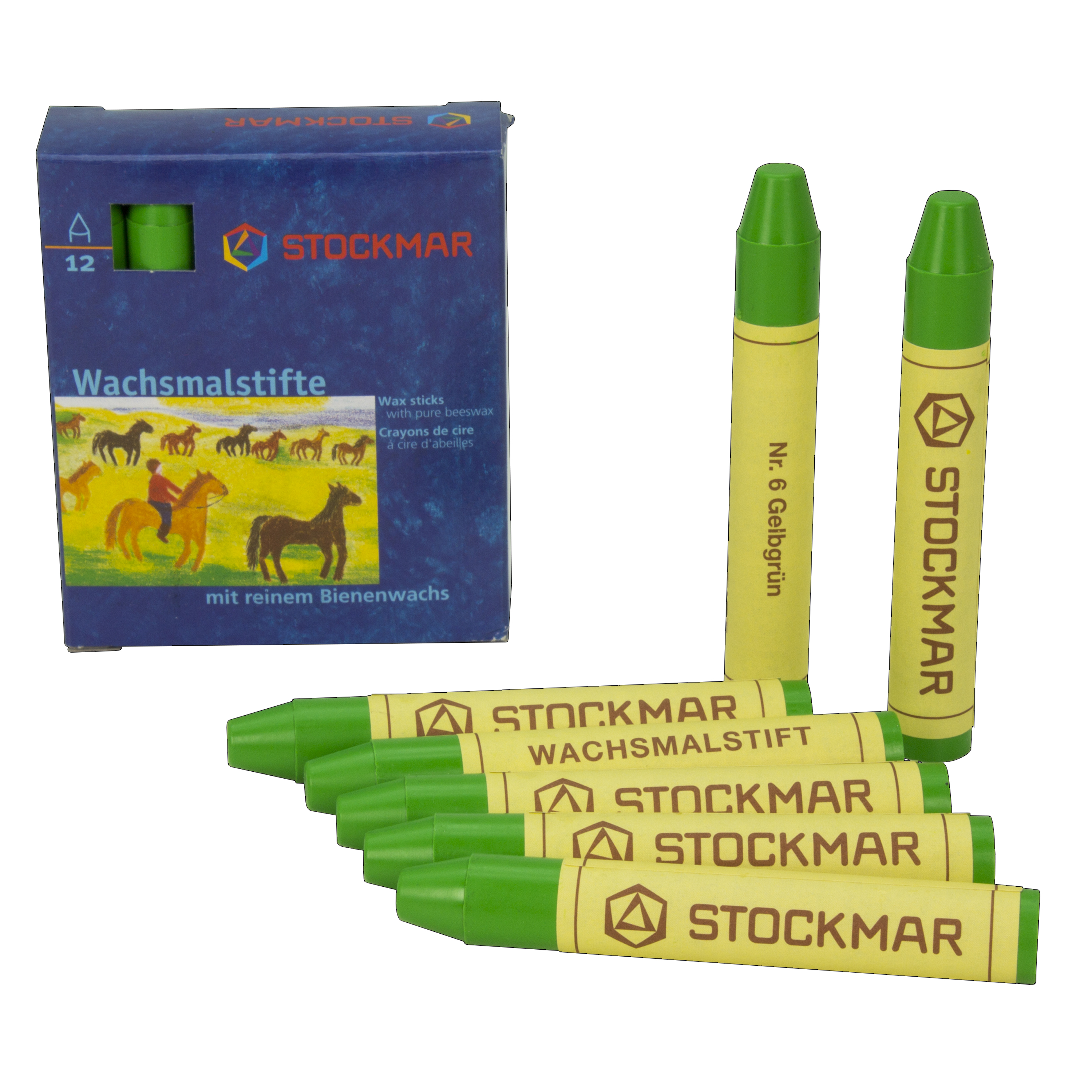 12 Stockmar-Wachsmalstifte 'gelbgrün', L: 8,3 cm