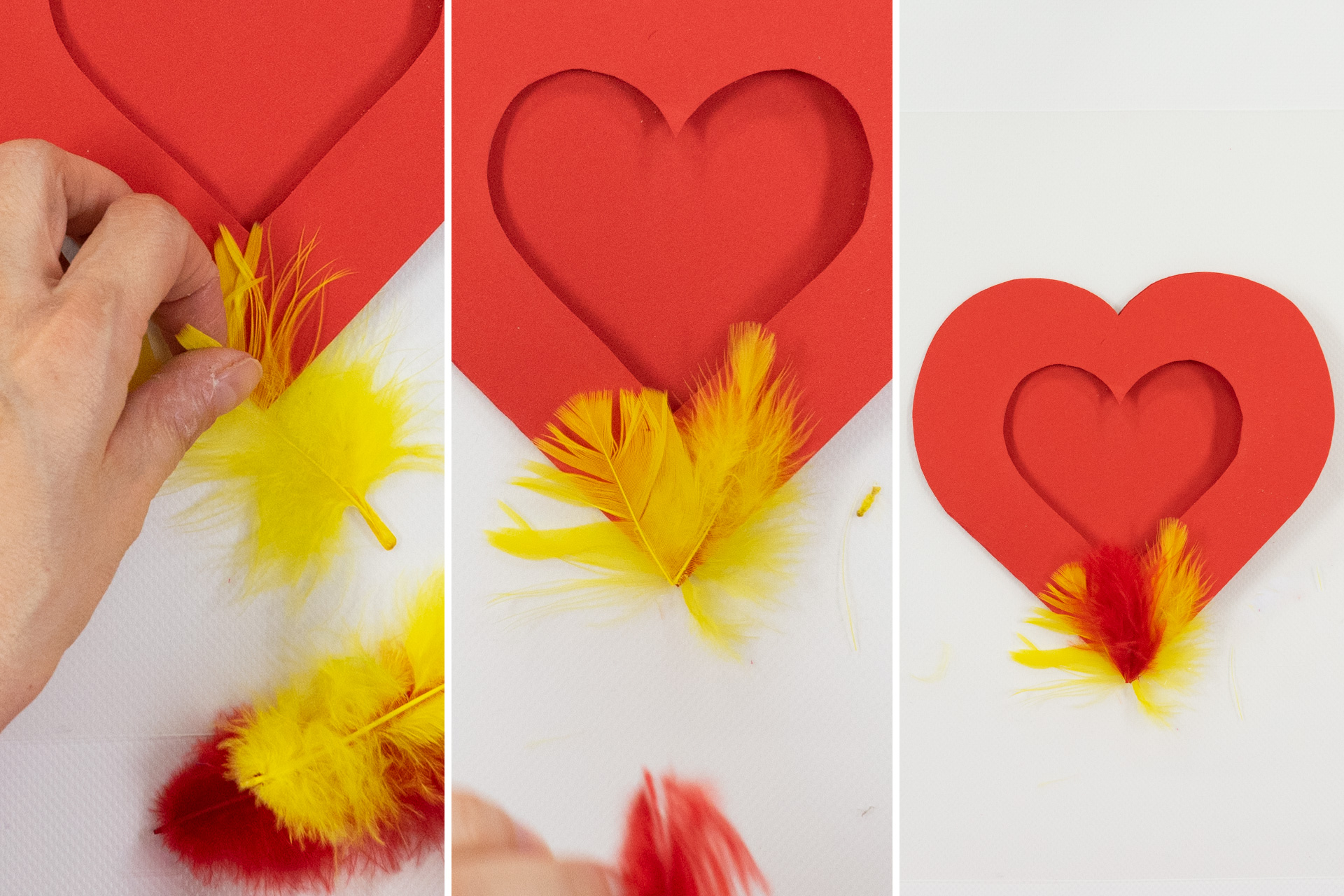 <p>Nun dekoriere ich die Vorderseite der Herzkarte. Dazu nehme ich eine rote und zwei gelbe Federn. Alle Federn werden etwas 
