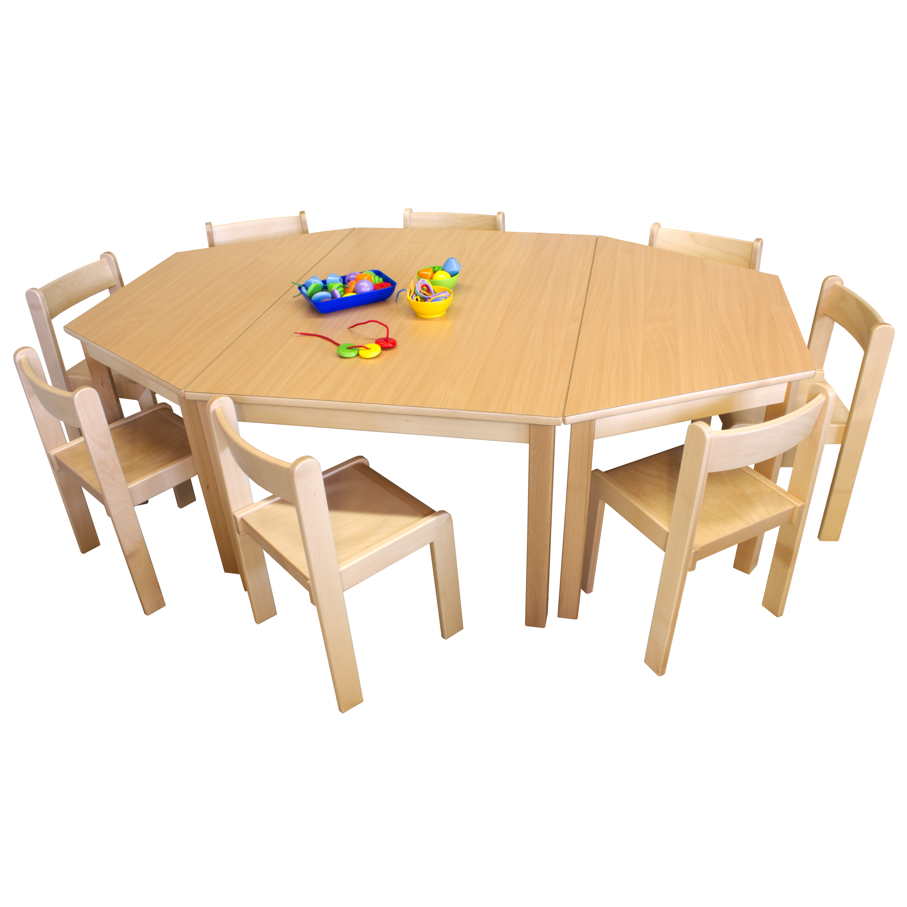 Tischgruppe mit 8 Stühlen, 2 Trapez- & 1 Rechtecktisch