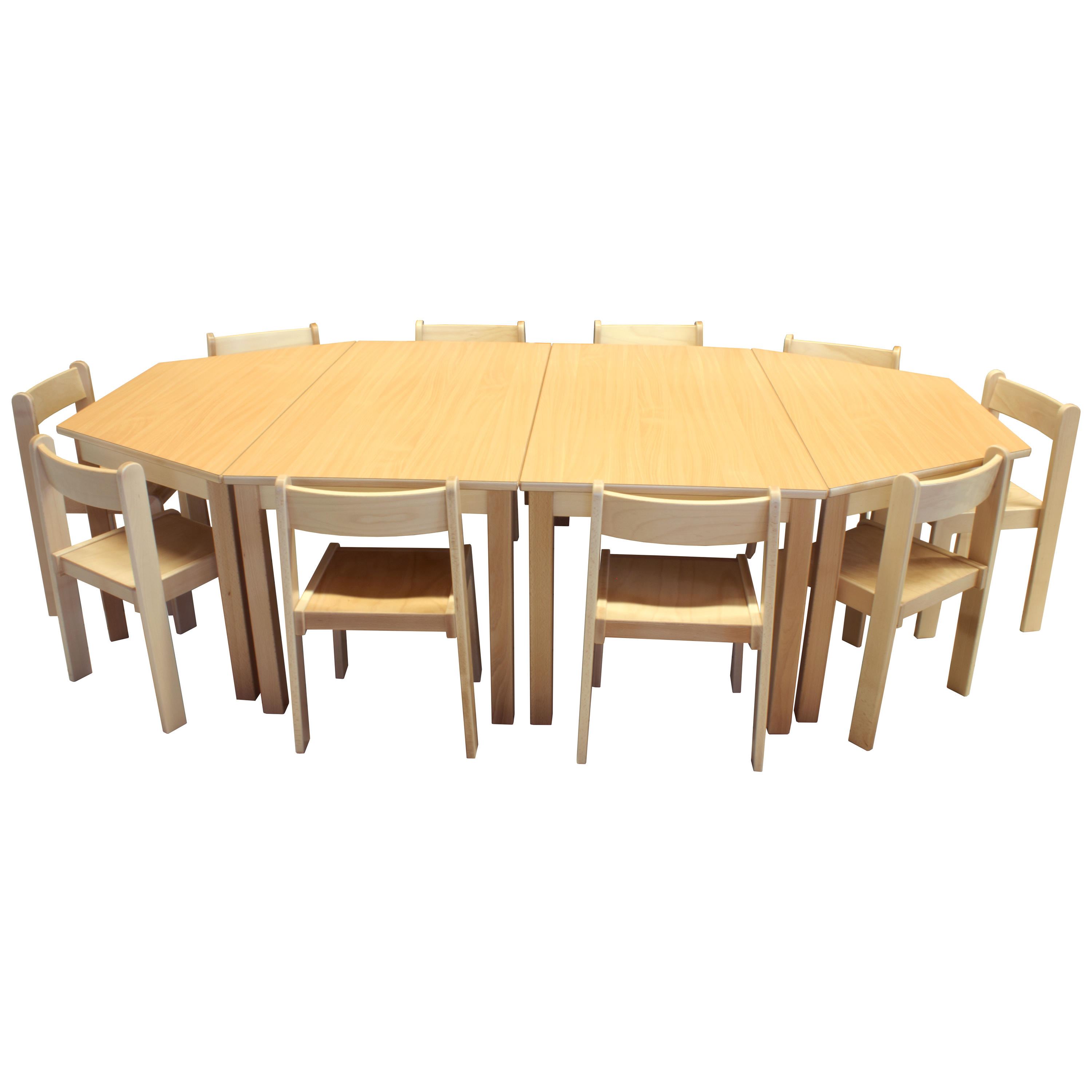Tischgruppe mit 10 Stühlen, 2 Rechteck- & 2 Trapeztischen