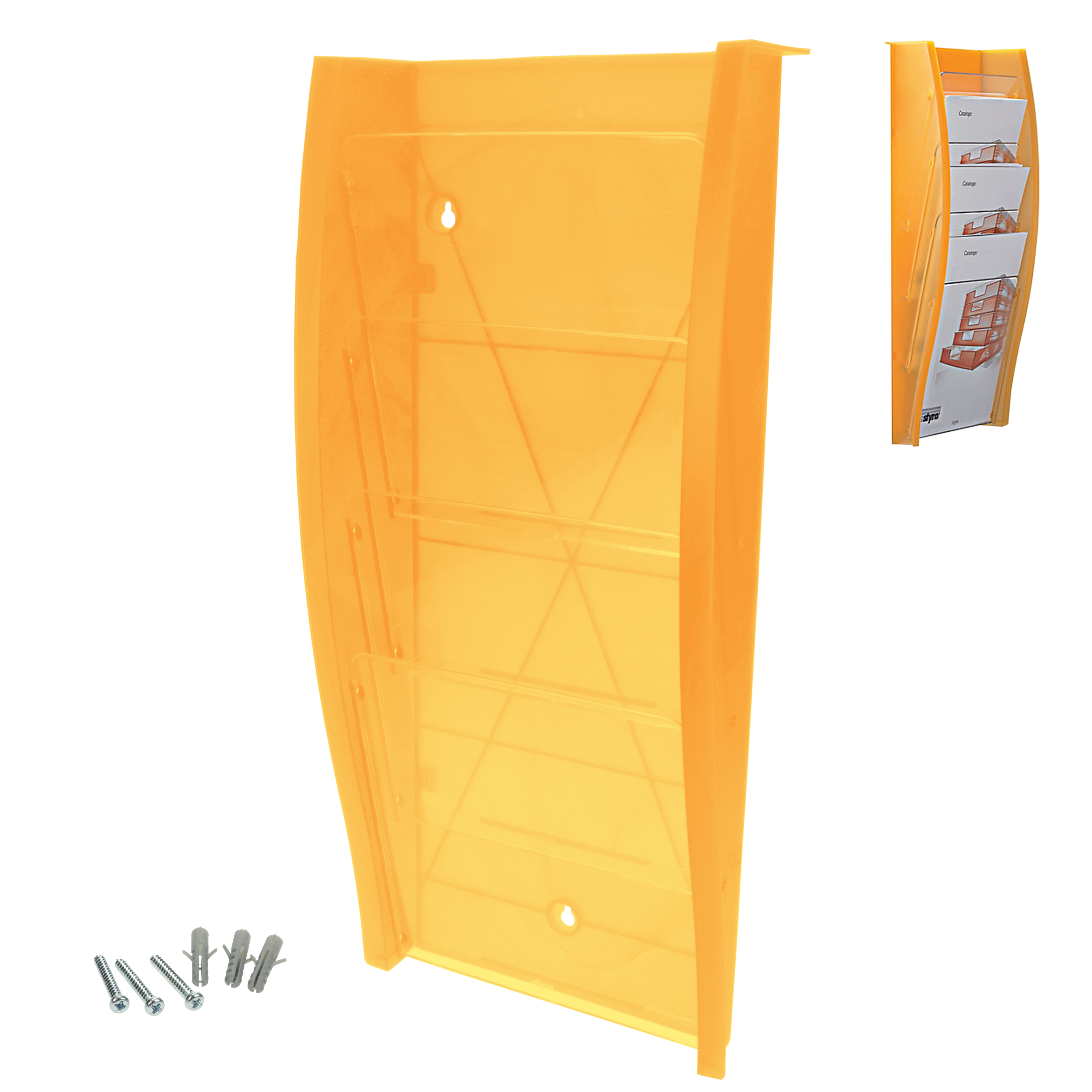 Styro Wandprospekthalter mit 4 DIN A4-Fächern, orange