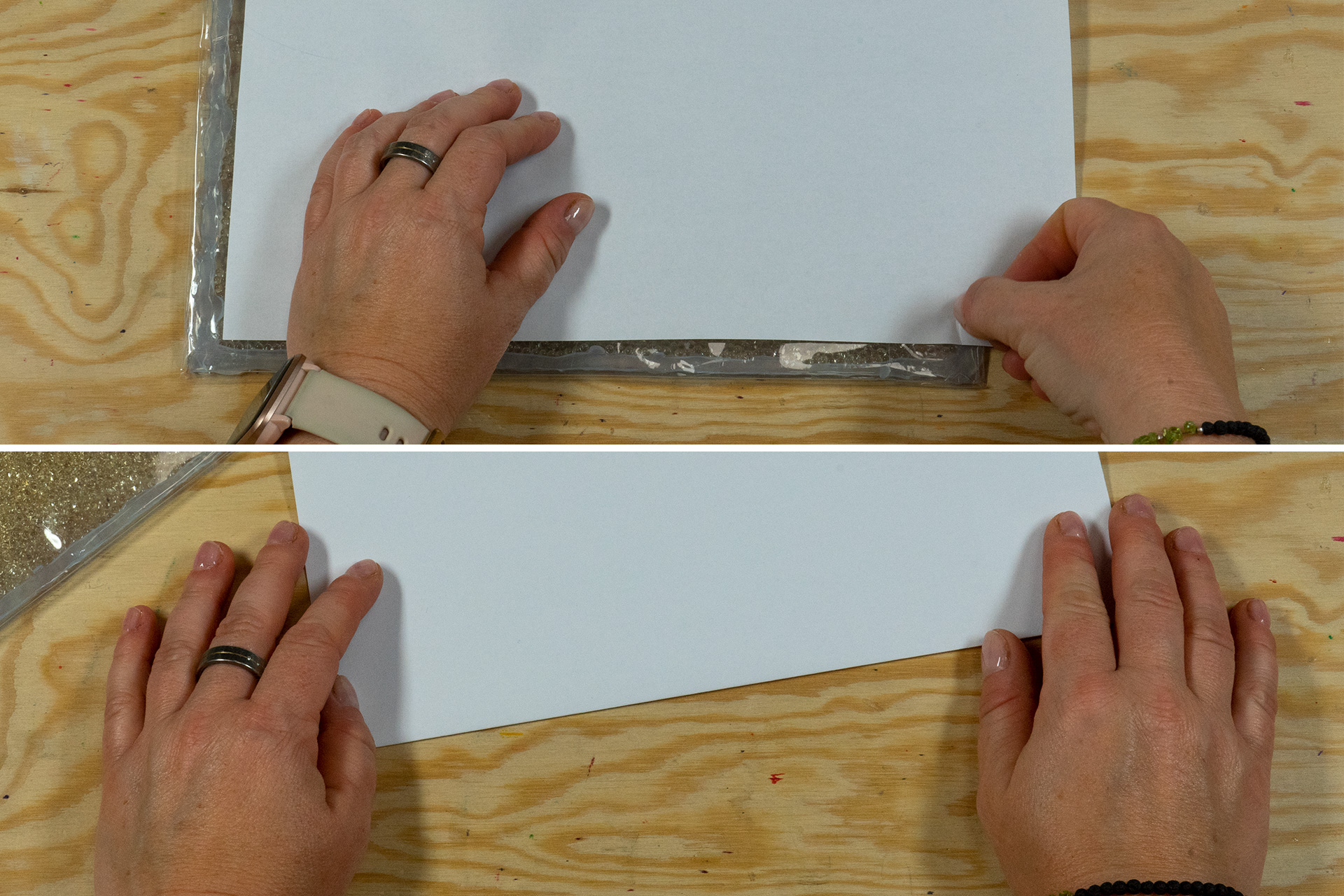 <p>Ich passe einige Seiten Papier an die Größe an, indem ich die benötigte Bogengröße an meiner vorbereiteten Folie abmesse. 