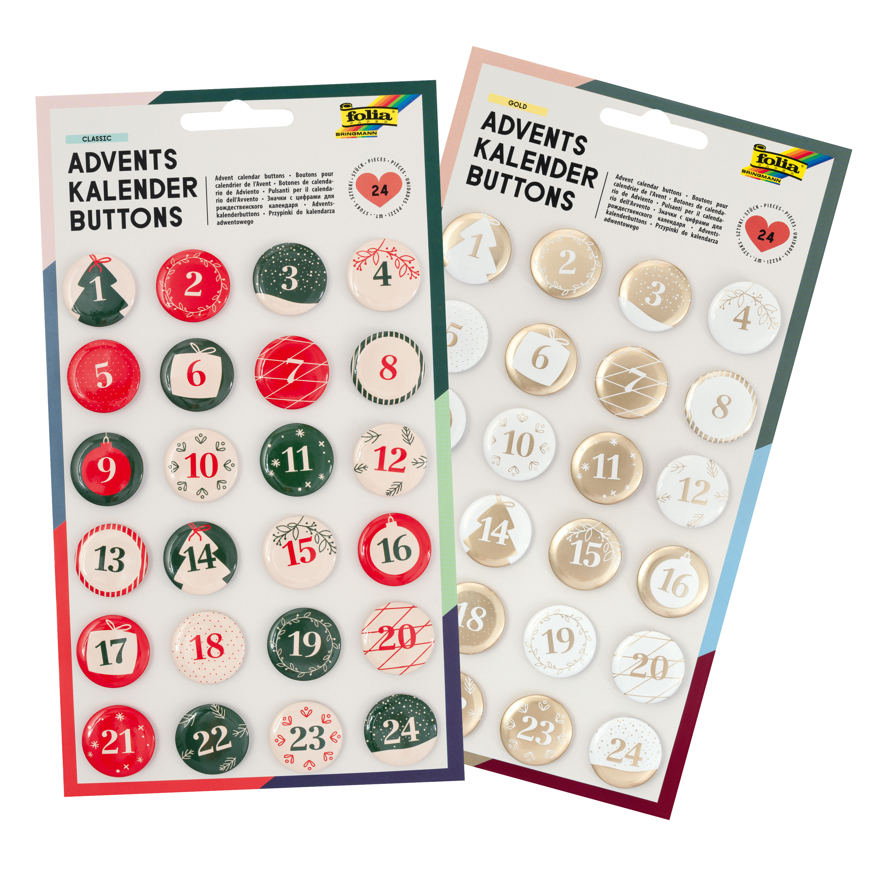 Adventskalender Buttons, 24 Stück, verschiedene Farben