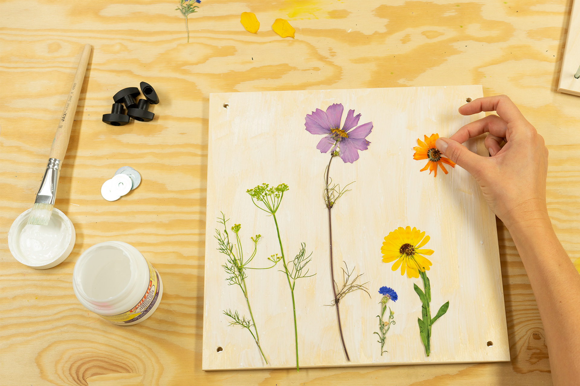 <p>Jetzt beginne ich damit die Blumen und Blüten auf der Holzplatte anzuordnen. Hierbei achte ich darauf, dass die Löcher, wo