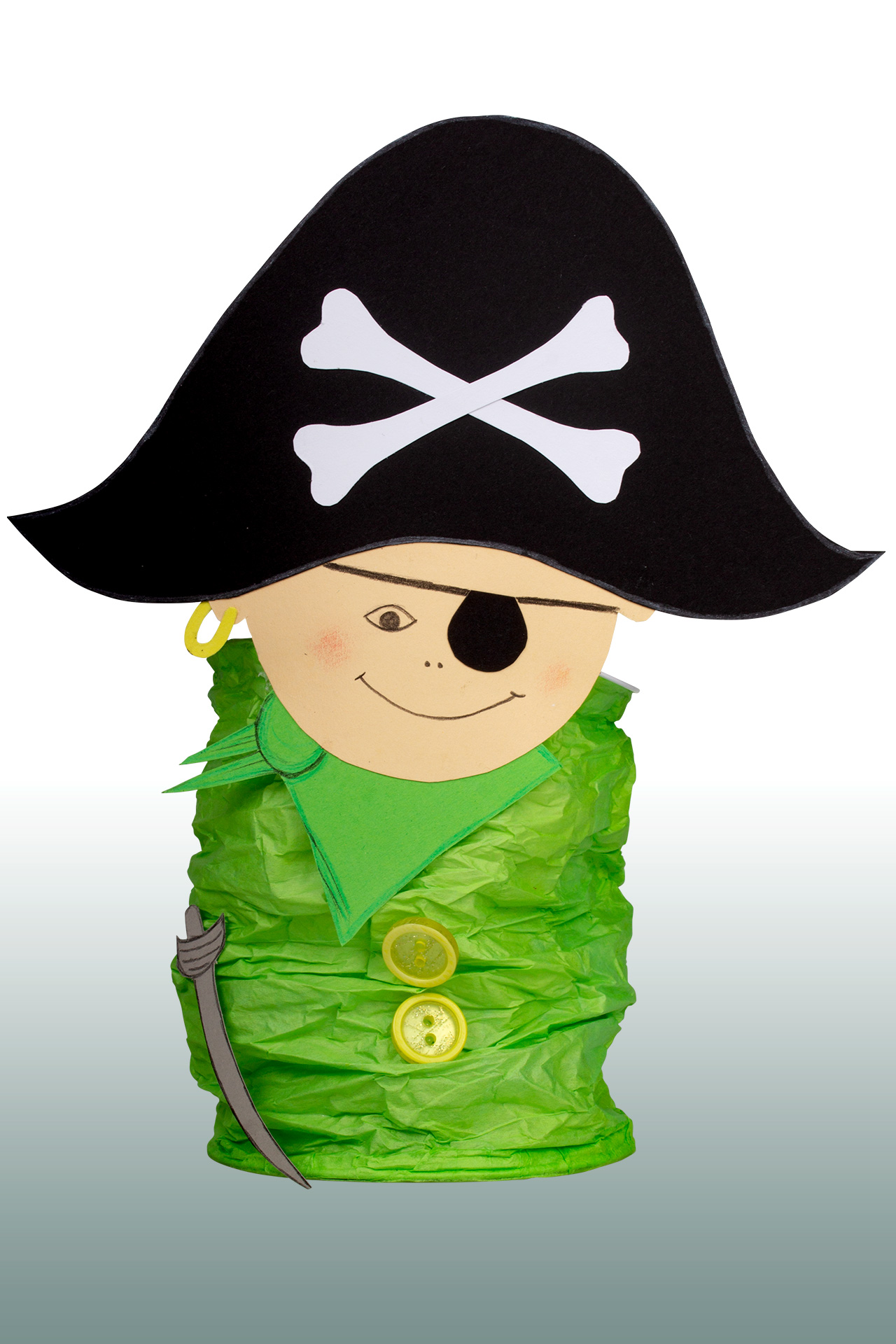 <p>Der fröhliche Pirat setzt sich aus Kopf, Haaren, Piratenhut mit Knochen, Halstuch, Augenklappe und Säbel zusammen.</p><p>