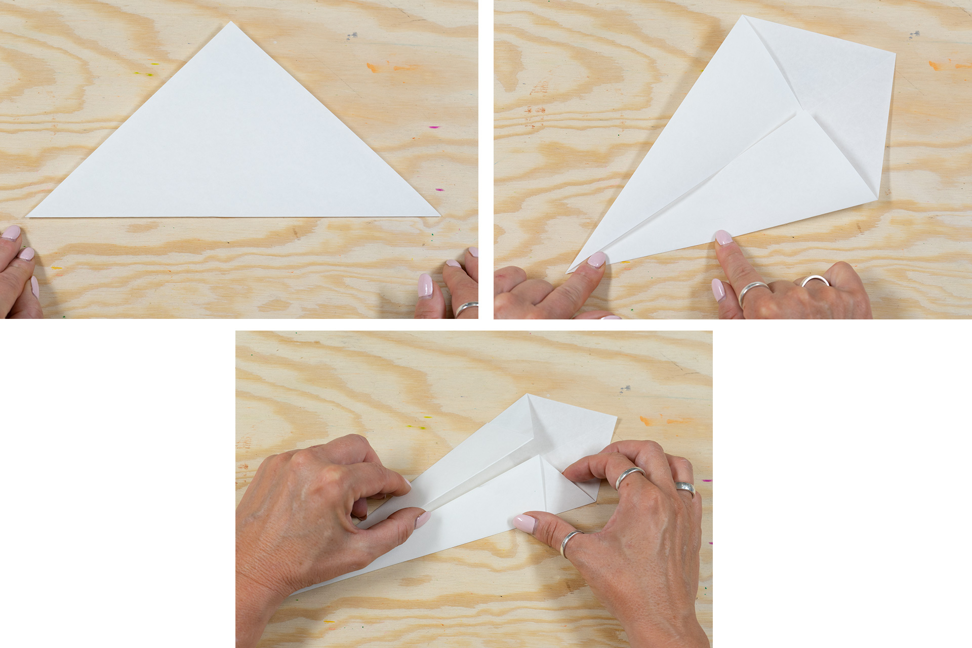 <p>Für die einfache Variante falte ich das Papier einmal diagonal und öffne das Papier wieder. Als nächstes falte ich die Sei