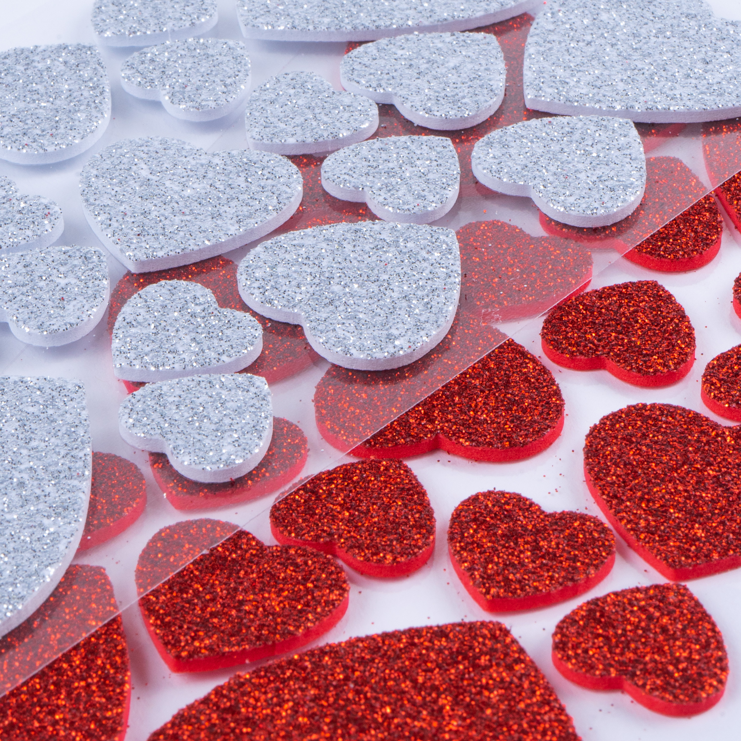 Moosgummi Glitter-Sticker „Herzen, rot & silber“, 40 Sticker