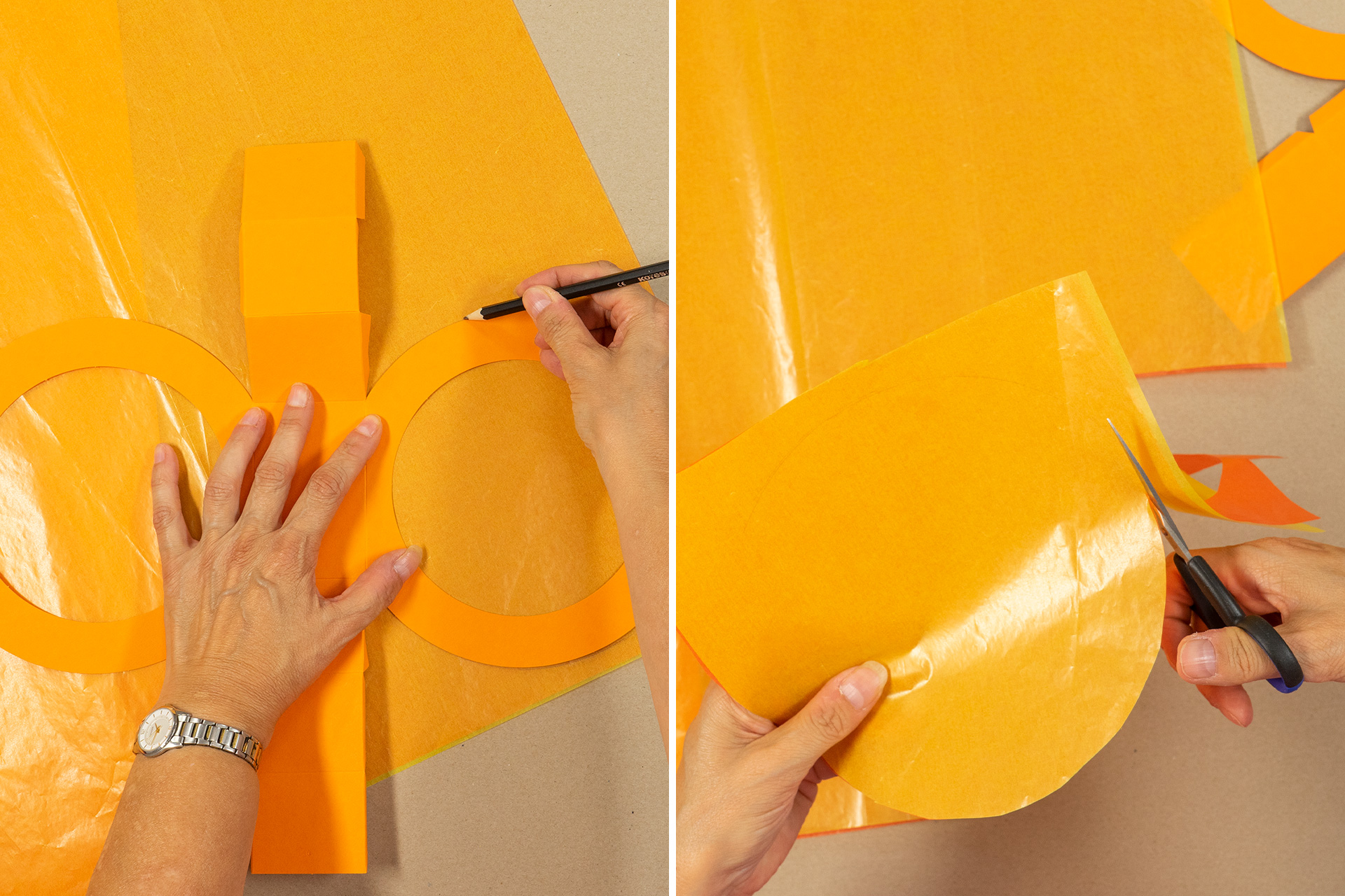 <p>Ich lege das Transparentpapier in Orange und Gelb übereinander. Um die passende Größe für den Transparentpapierkreis zu be