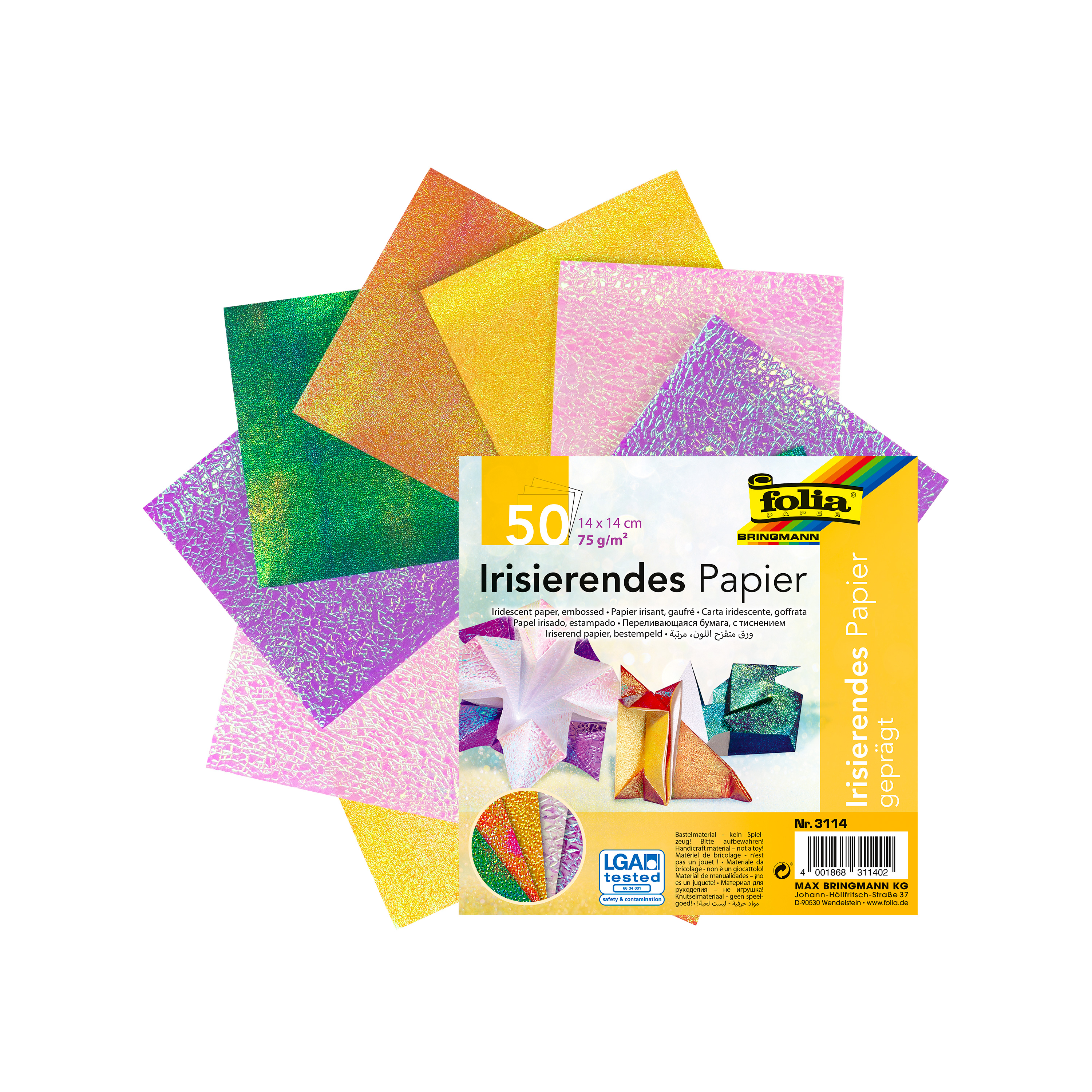 Faltblätter aus irisierendem Papier, 5 Farben, 14 x 14 cm