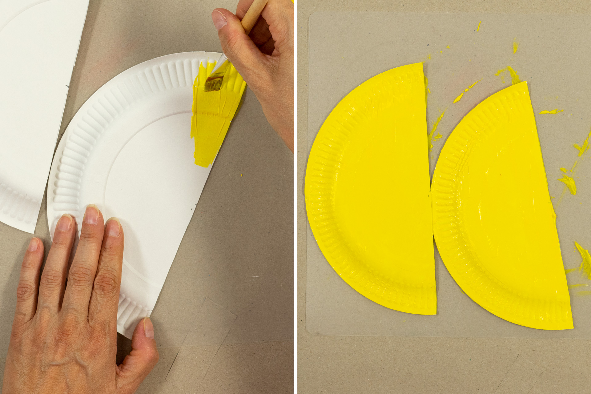 <p>Damit die Sonne richtig schön gelb strahlt, streiche ich beide Hälfen des Papptellers ordentlich mit der Basis Color Farbe