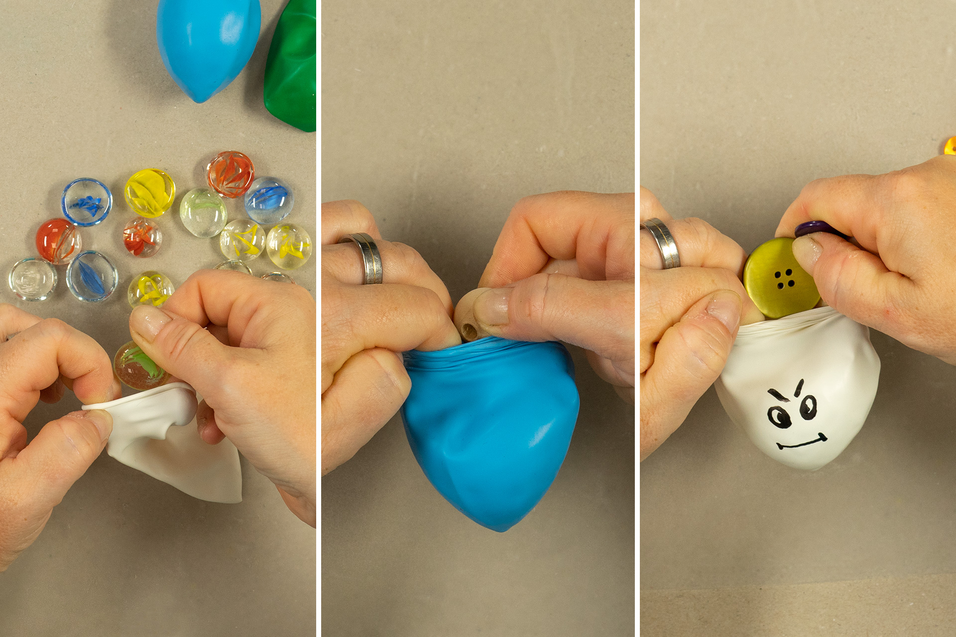<p>Hier seht ihr noch Beispiele, mit denen ihr die Luftballons füllen könnt: Glasnuggets, Holzperlen, Knöpfe, aber auch Kugel
