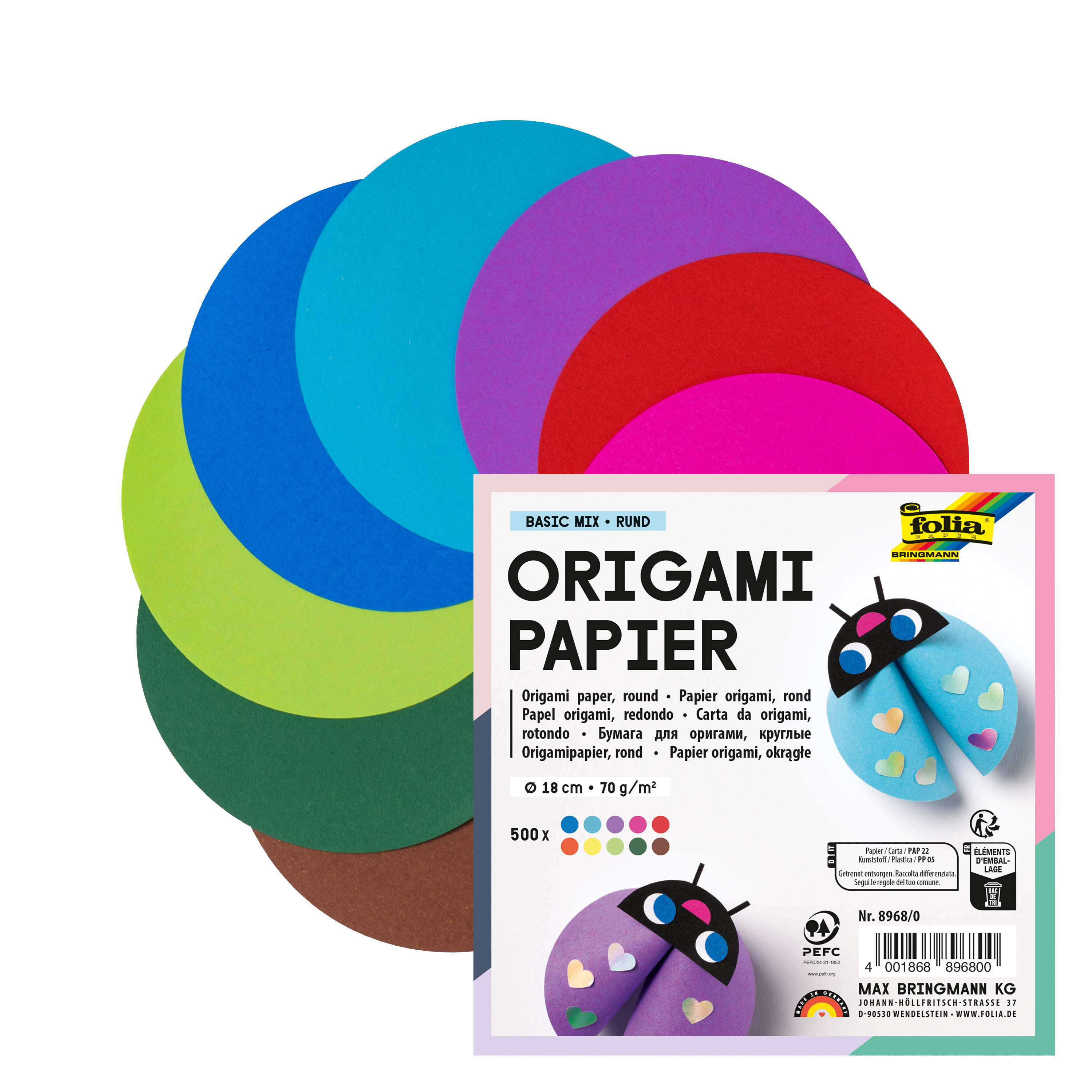Origami Faltblätter Classic, 10 Farben, Ø 18 cm
