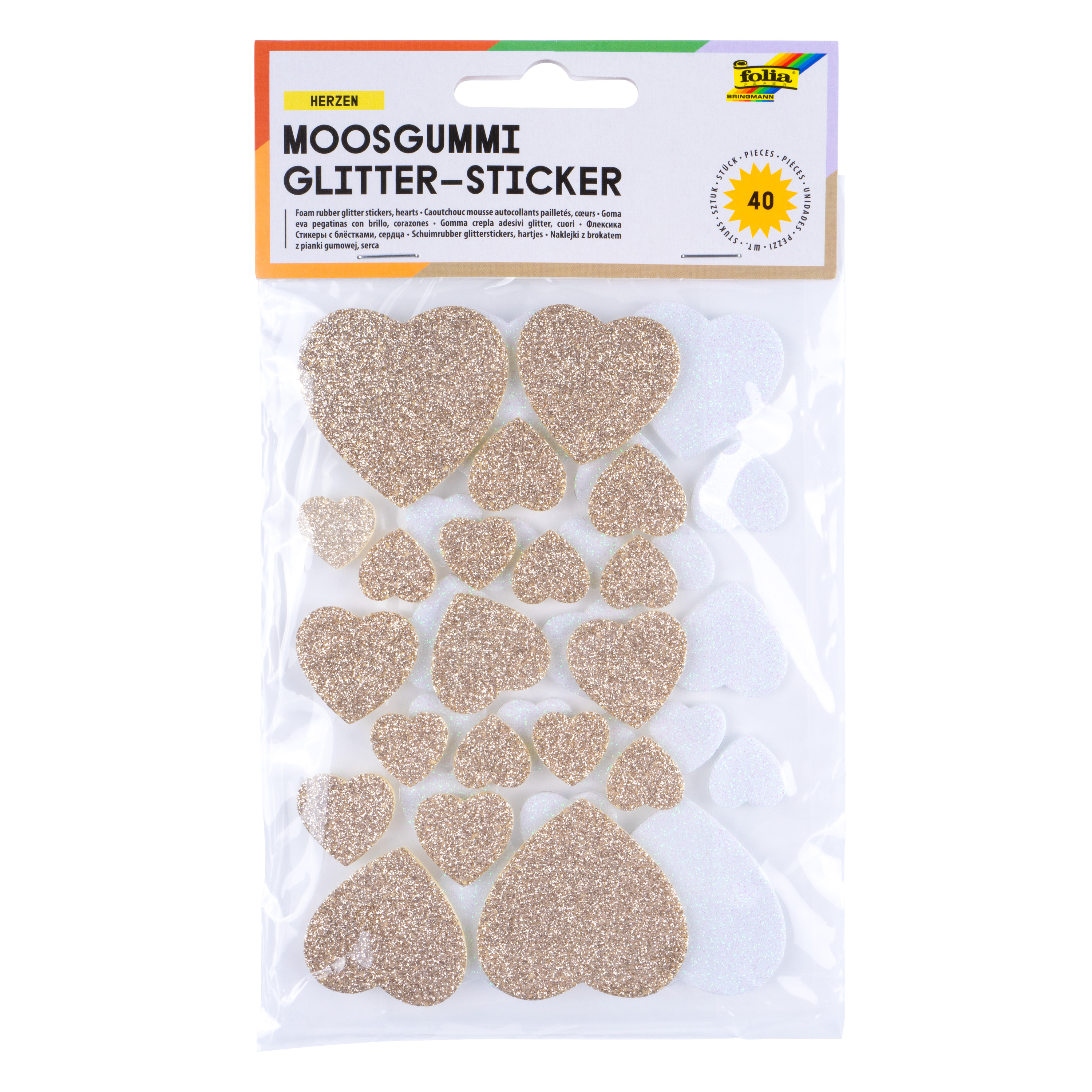 Moosgummi Glitter-Sticker „Herzen gold & silber“, 40 Sticker