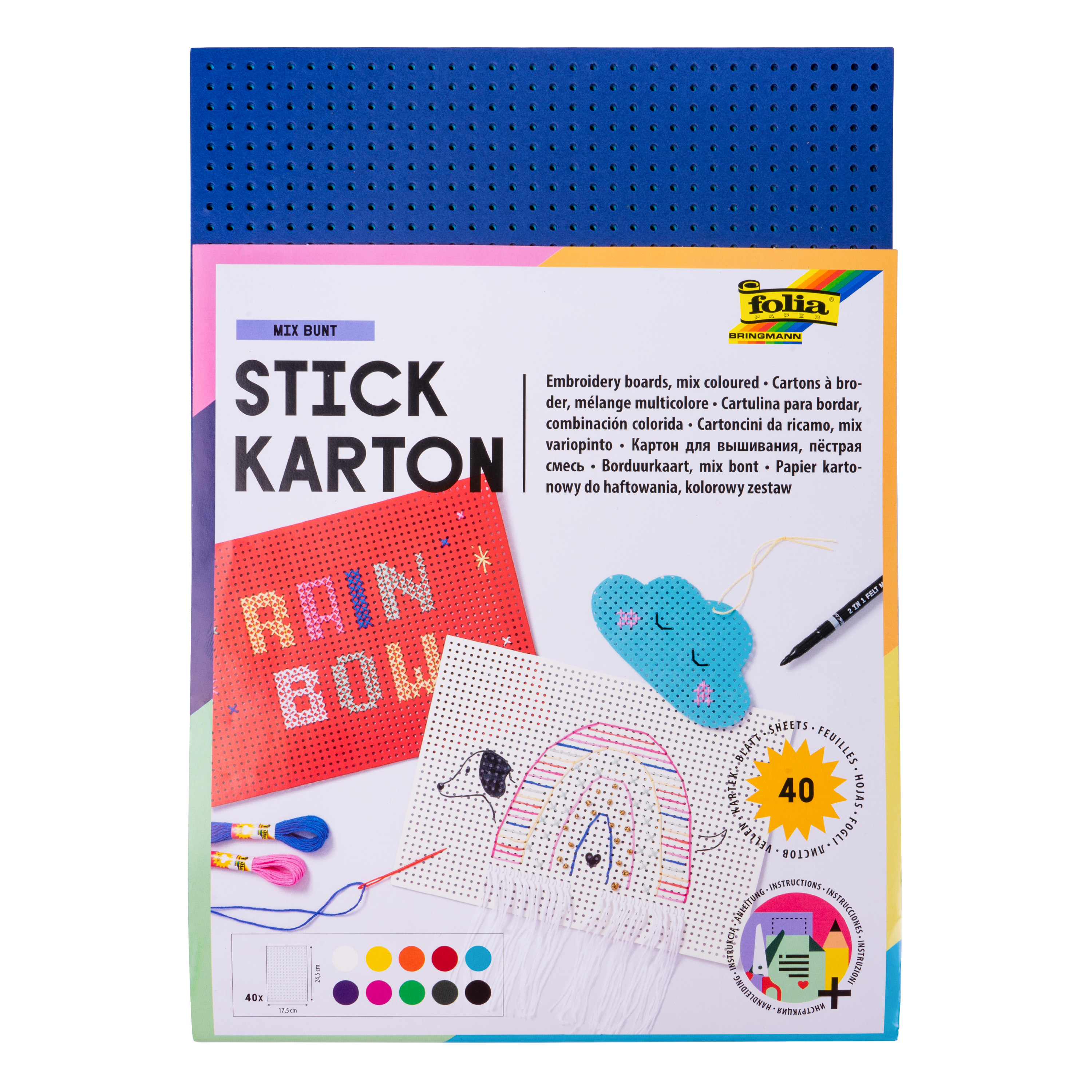 Stickkarton 'Blanko', 40 Blatt, farbig sortiert in 10 Farben