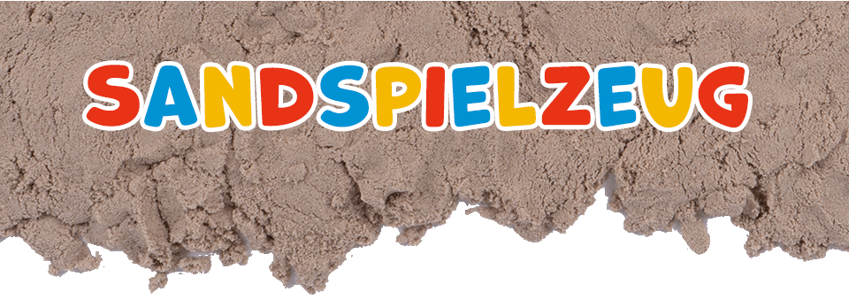 Dreifarbiger Schriftzug "Sandspielzeug" auf Sand als Hintergrund.
